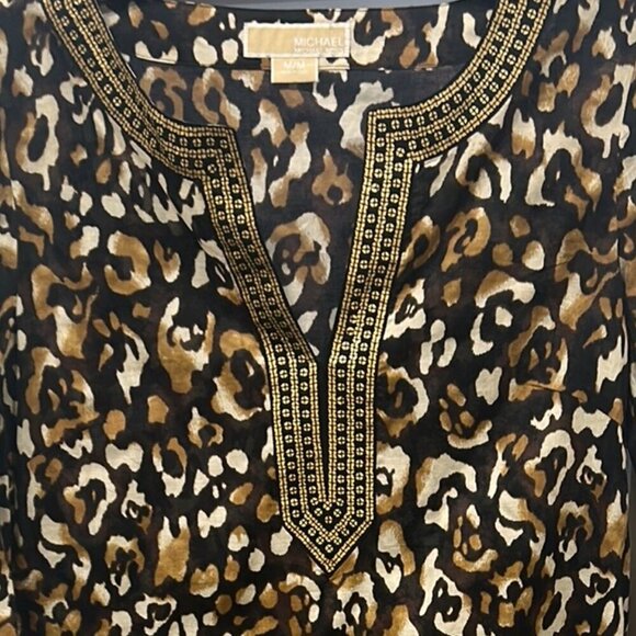 Michael Kors Leopard Print Tunic Blouse Medium Embellished Neckline - Picture 4 of 7
